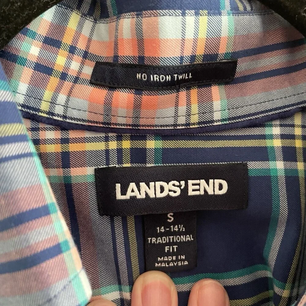 Lands' End Men SZ S - 14-14 1/2 Blue Plaid Short Sleeve Button Down Casual Shirt - Picture 6 of 10